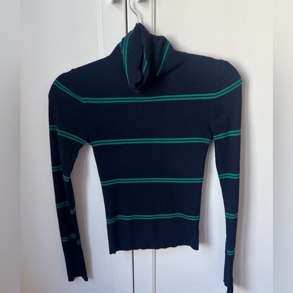 Theory Sz Small Navy Blue Green 100% merino wool turtleneck Neck Sweater stripes - Picture 1 of 7